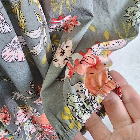 BOG Collective Dress L Green Milkmaid Peasant Floral Cottagecore Smocked Boho - Picture 5 of 15